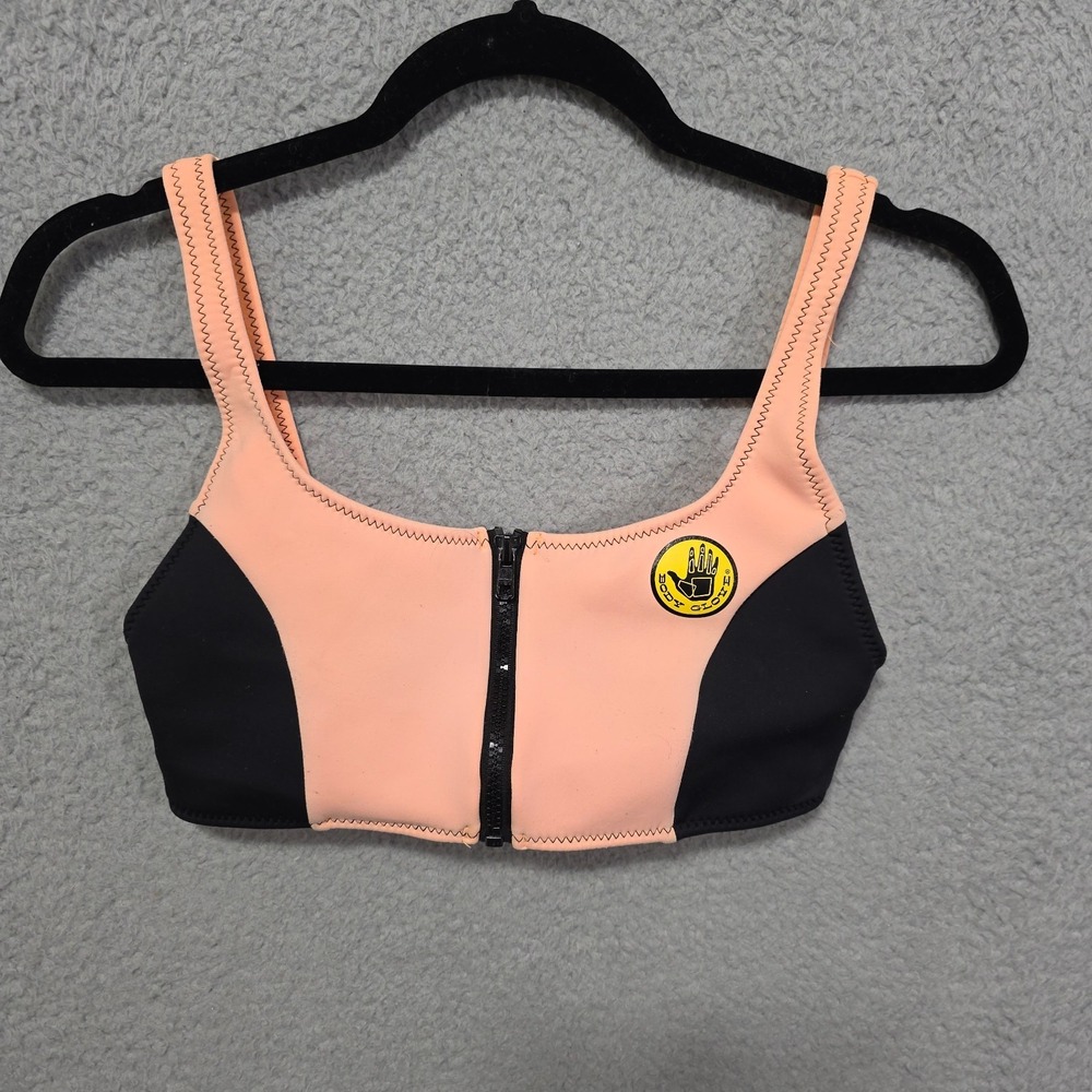VTG 80s 90s Body Glove Small  Full Zip Neoprene Bikini Top Peach Black